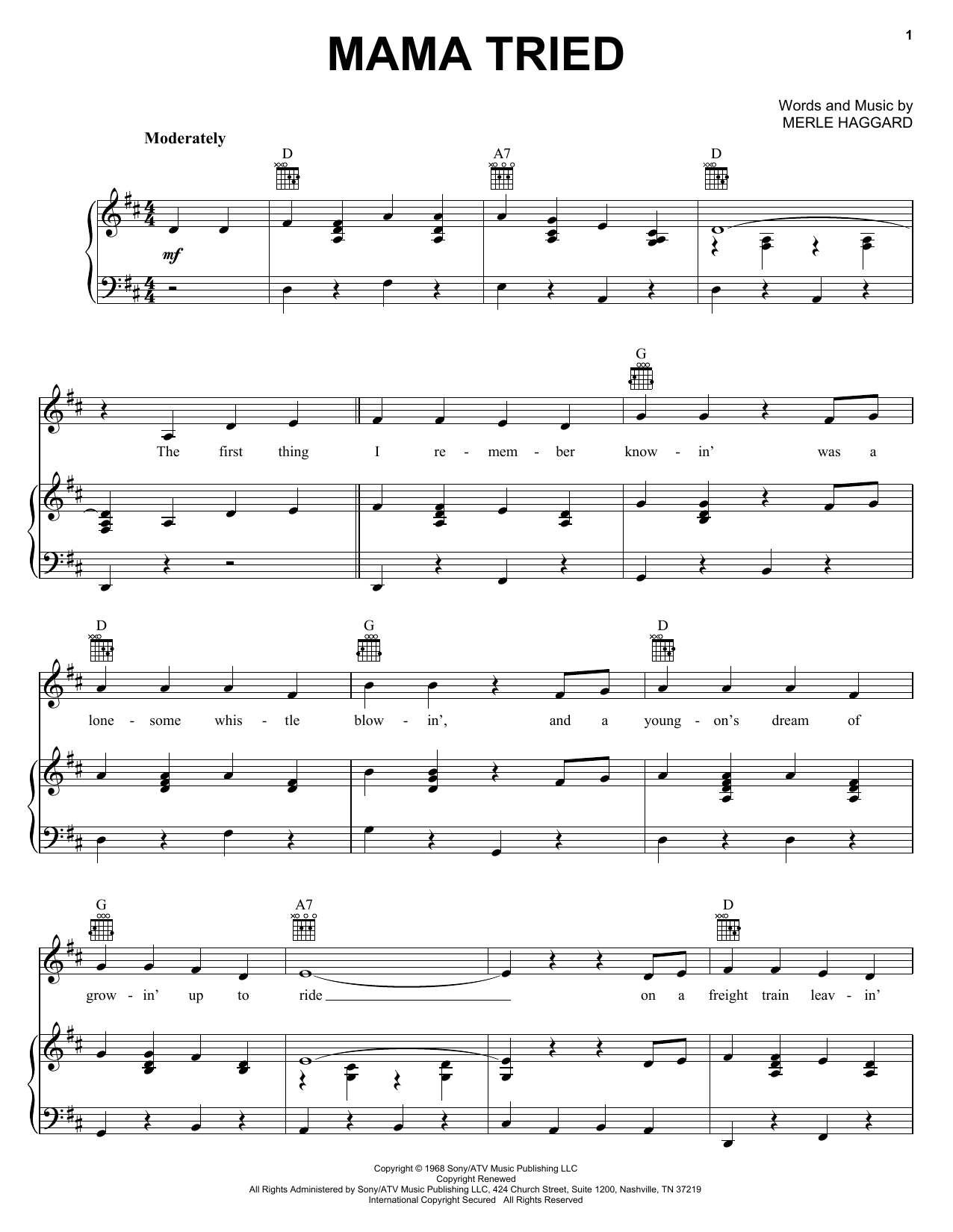 Merle Haggard Mama Tried sheet music notes and chords. Download Printable PDF.