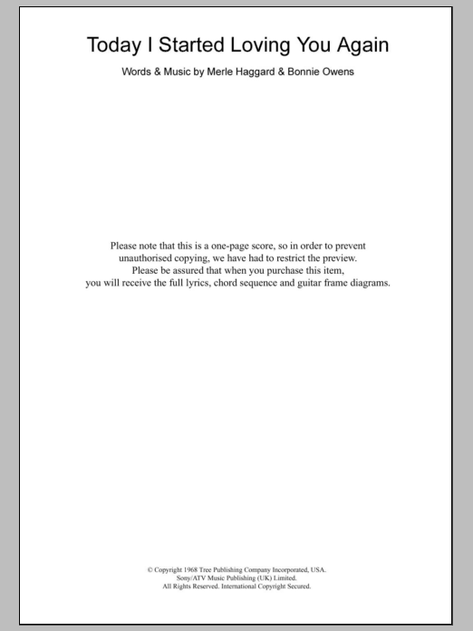 Learn to play Merle Haggard Today I Started Loving You Again sheet music for Guitar Chords/Lyrics in minutes. Merle Haggard Today I Started Loving You Again sheet music notes and chords. Download Printable PDF.
