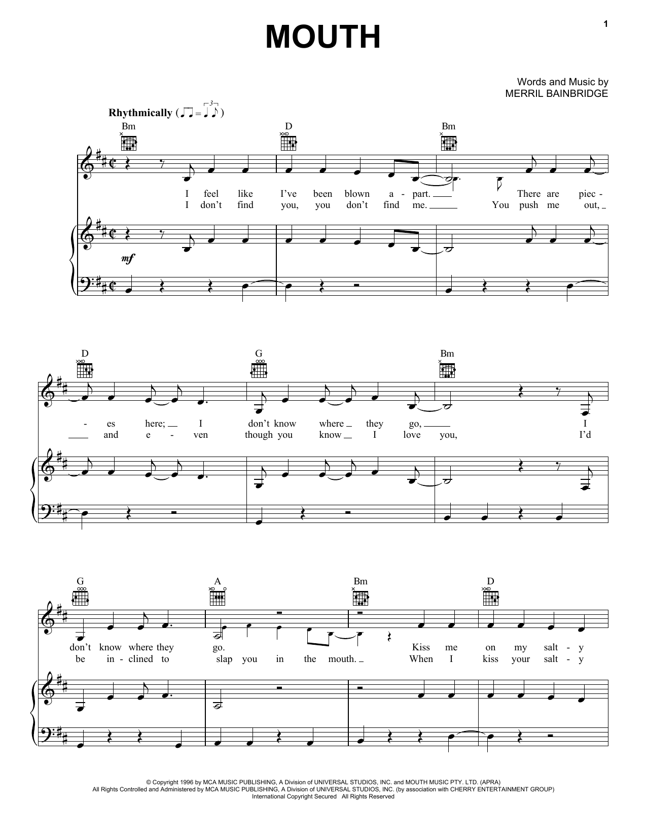 Merril Bainbridge Mouth sheet music notes and chords. Download Printable PDF.