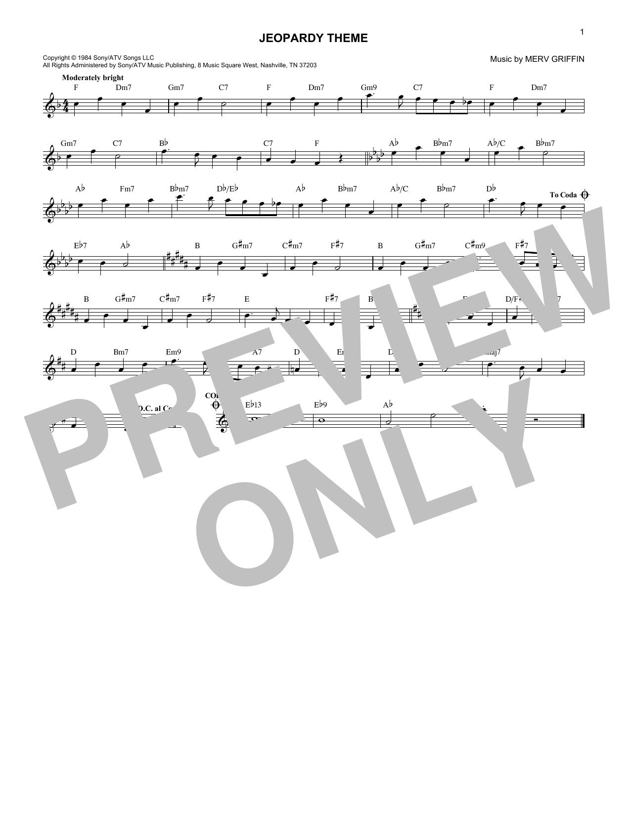 Learn to play Merv Griffin Jeopardy Theme sheet music for Lead Sheet / Fake Book in minutes. Price: 5.9900$ Merv Griffin Jeopardy Theme sheet music notes and chords arranged for Lead Sheet / Fake Book