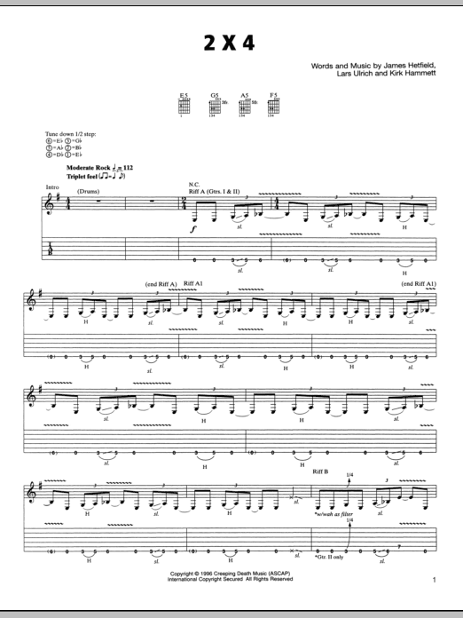 Metallica 2 x 4 sheet music notes and chords. Download Printable PDF.