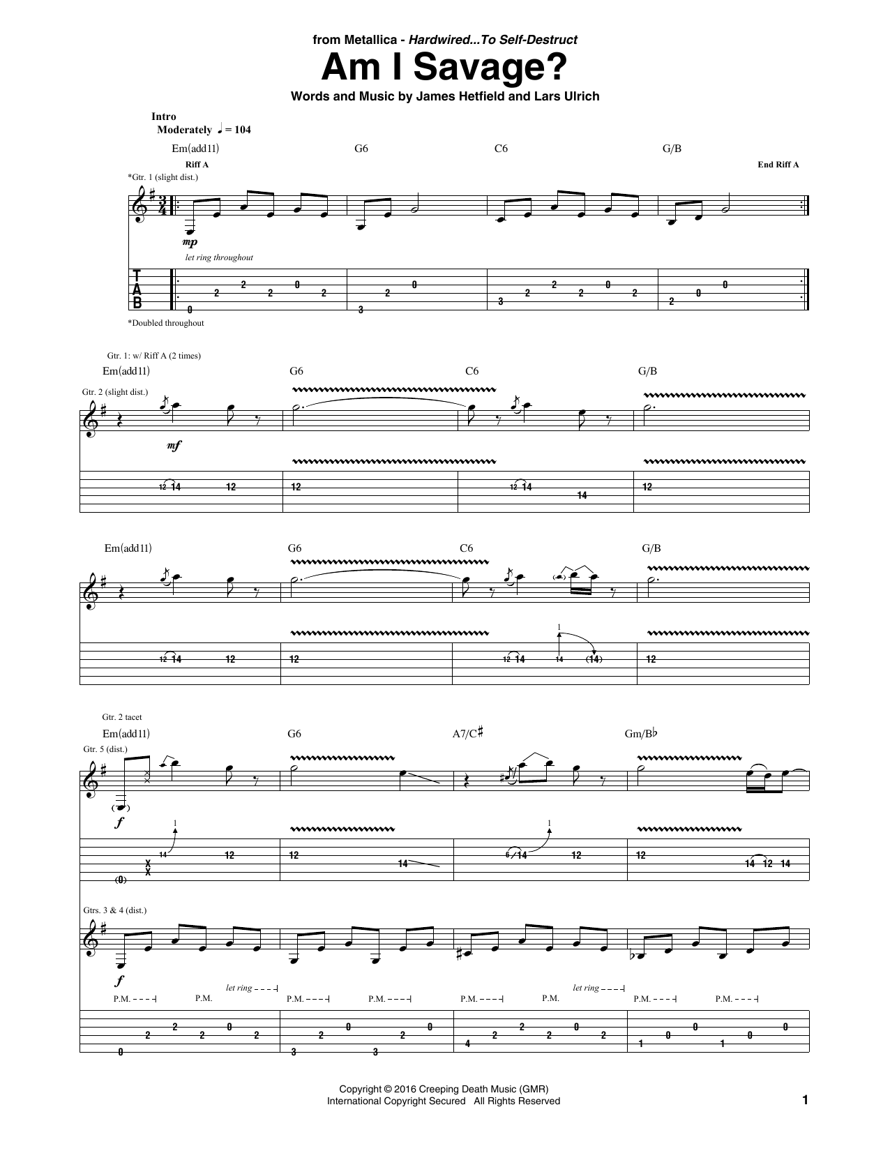 Metallica Am I Savage? sheet music notes and chords. Download Printable PDF.