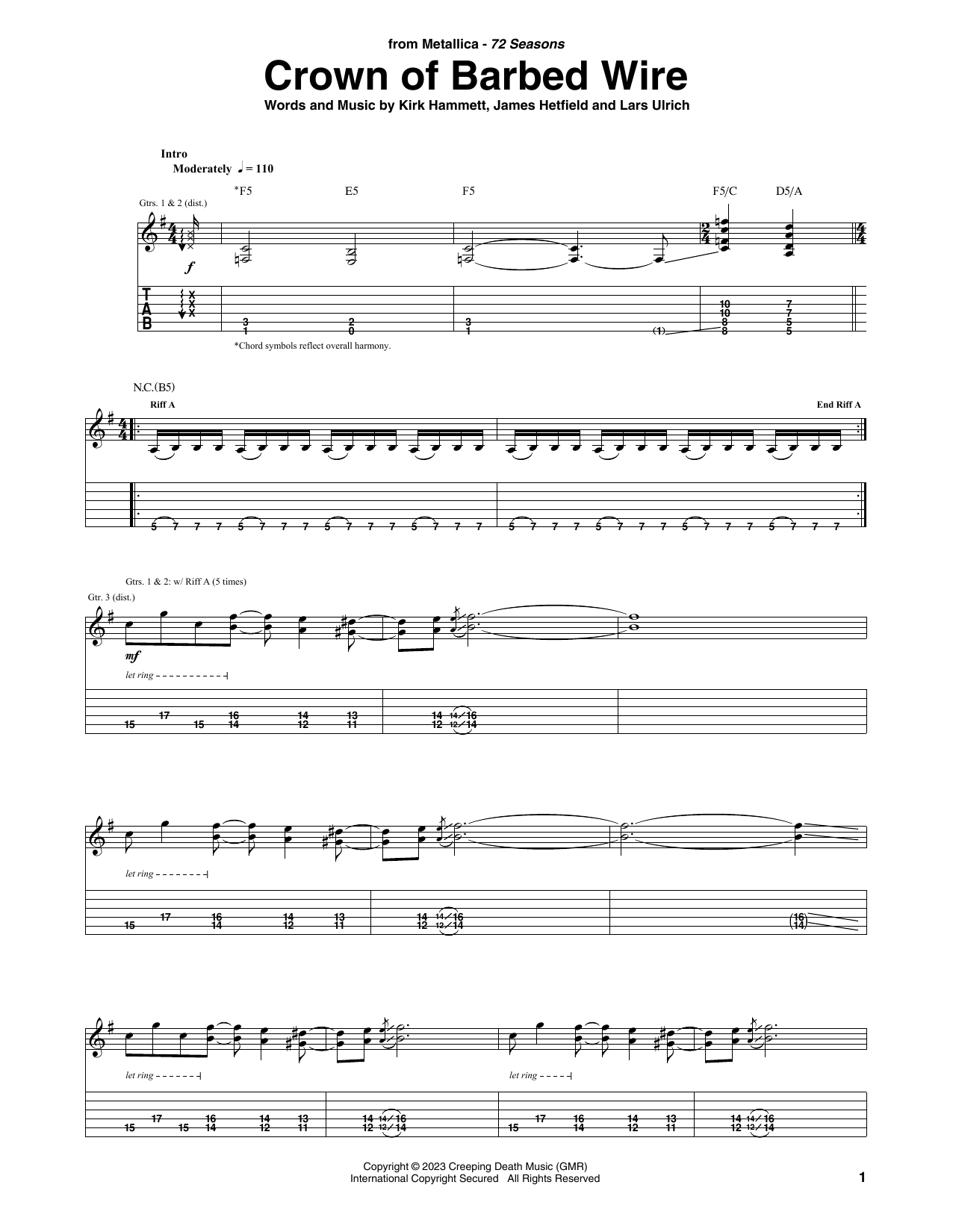 Metallica Crown Of Barbed Wire sheet music notes and chords. Download Printable PDF.