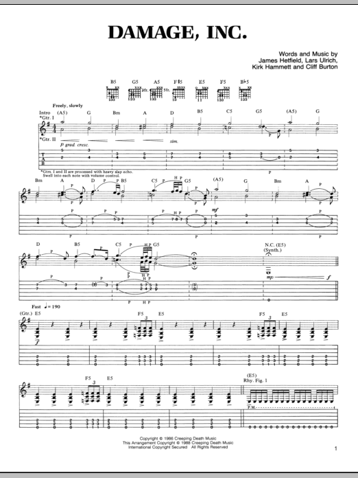 Metallica Damage, Inc. sheet music notes and chords. Download Printable PDF.