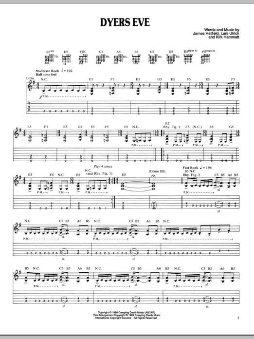 Metallica Dyers Eve sheet music notes and chords. Download Printable PDF.