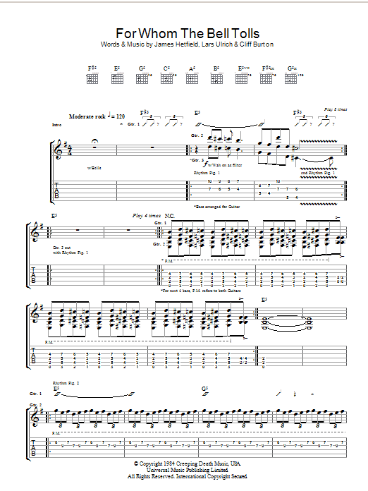 Metallica "For Whom The Bell Tolls" Music PDF Notes, Chords Pop Score Bass Guitar Tab Download Printable. SKU: 199489