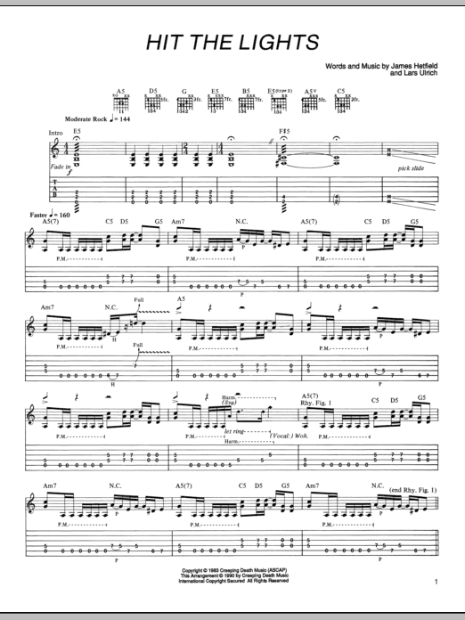 cylinder Aktiver Postkort Metallica "Hit The Lights" Sheet Music PDF Notes, Chords | Pop Score Guitar  Tab Download Printable. SKU: 78020