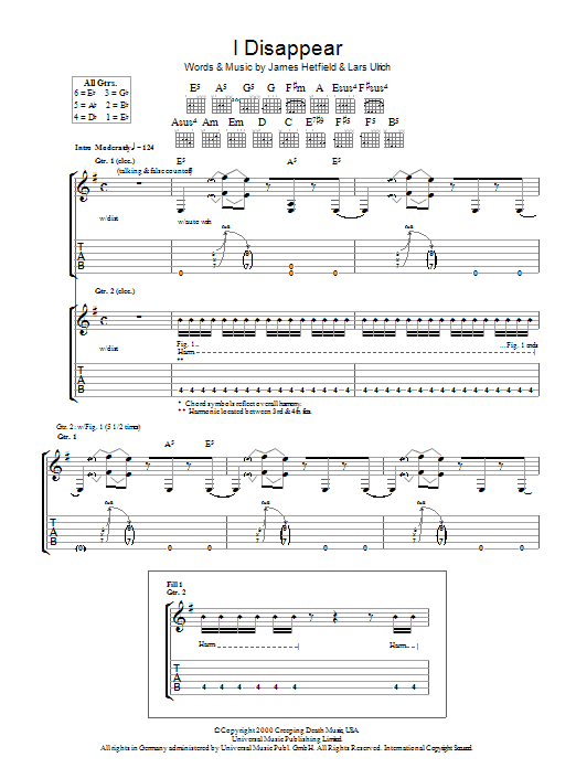 Metallica I Disappear sheet music notes and chords. Download Printable PDF.