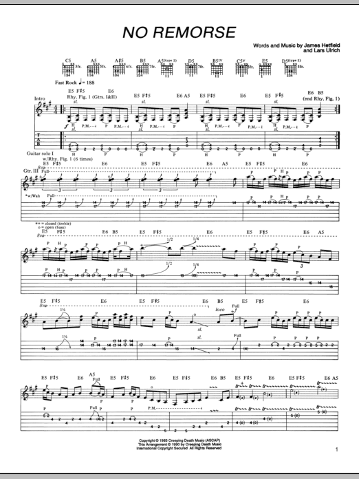 Metallica No Remorse sheet music notes and chords. Download Printable PDF.