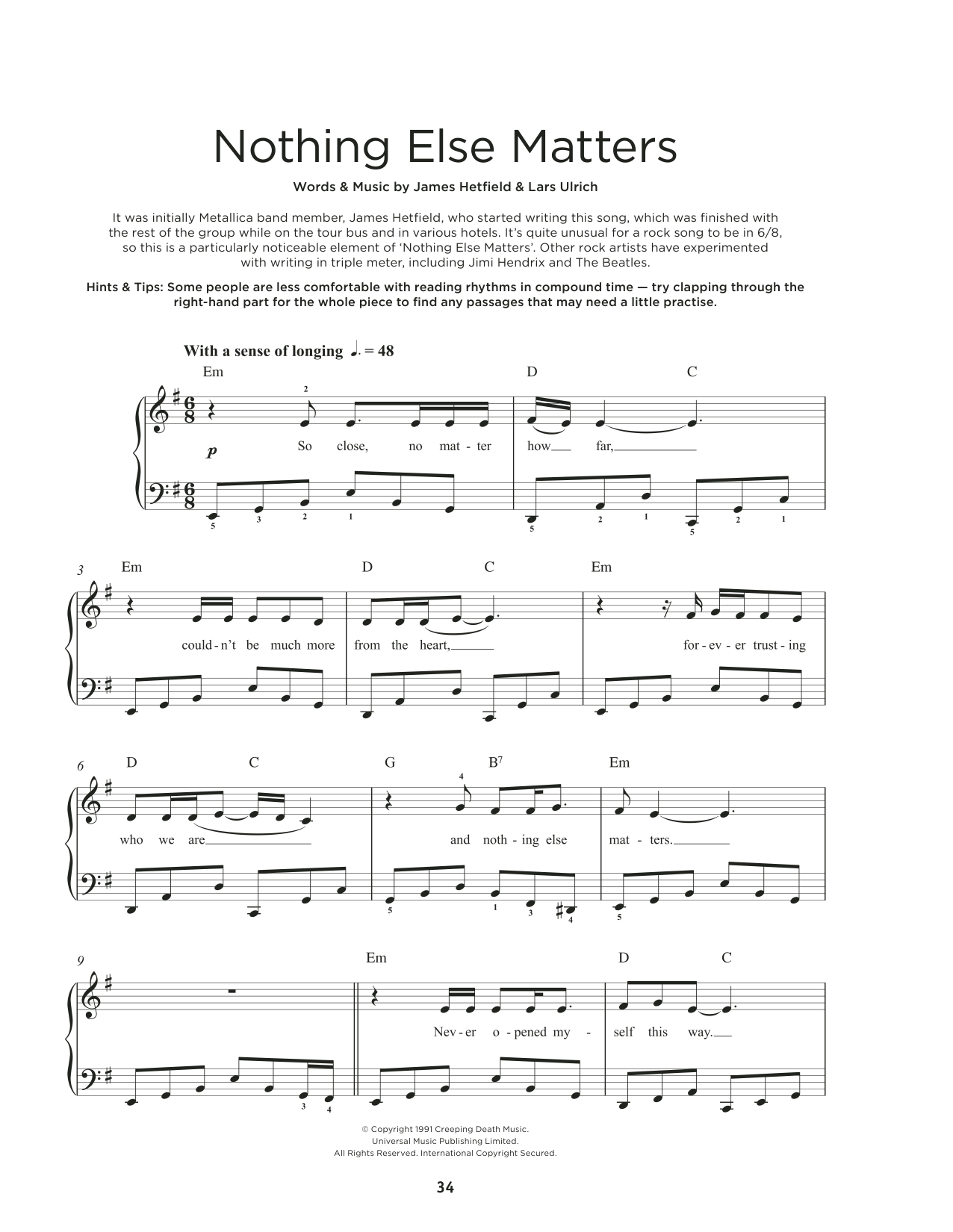 Metallica Nothing Else Matters sheet music notes and chords. Download Printable PDF.