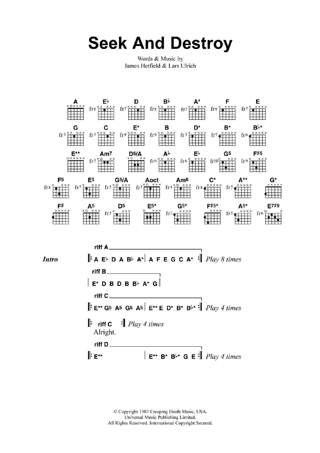 Metallica Seek And Destroy sheet music notes and chords. Download Printable PDF.