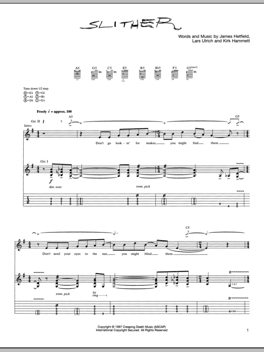 Metallica Slither sheet music notes and chords. Download Printable PDF.