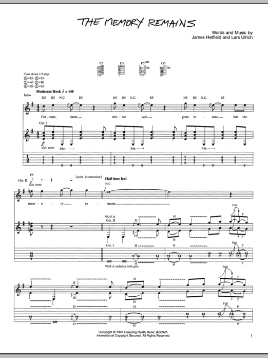 Metallica The Memory Remains sheet music notes and chords. Download Printable PDF.