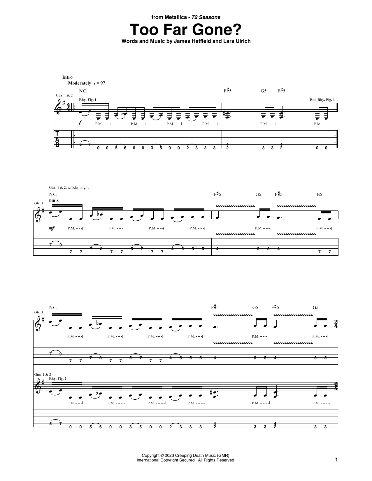 Metallica Too Far Gone? sheet music notes and chords. Download Printable PDF.