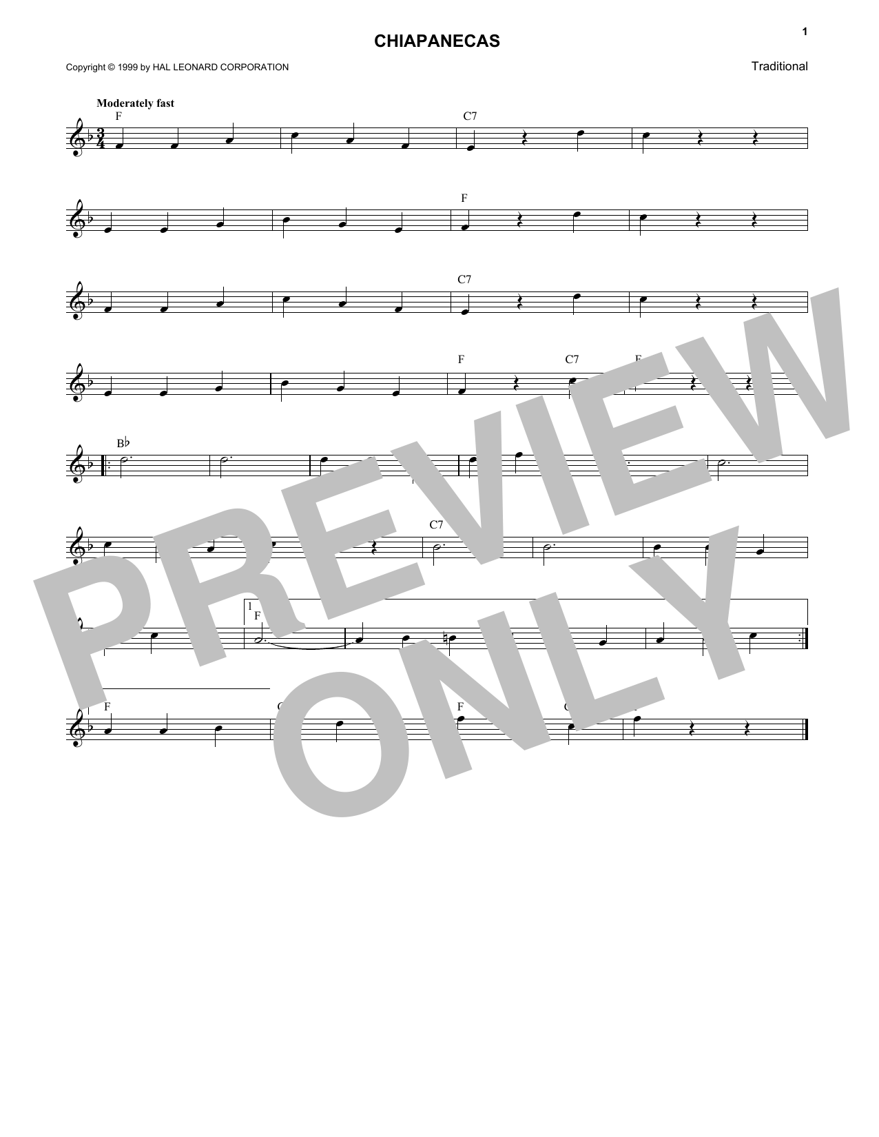 Mexican Folk Song Chiapanecas sheet music notes and chords. Download Printable PDF.