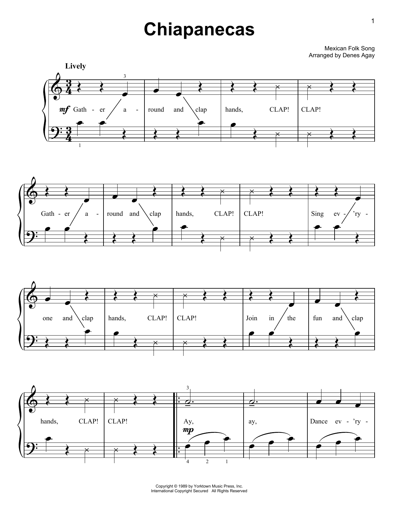 Learn to play Mexican Folk Song Chiapanecas (arr. Denes Agay) sheet music for Easy Piano in minutes. Price: 6.9900$ Mexican Folk Song Chiapanecas (arr. Denes Agay) sheet music notes and chords arranged for Easy Piano