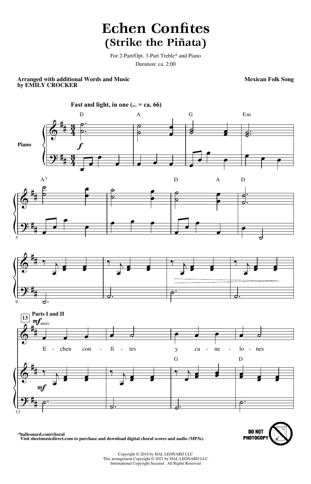 Learn to play Mexican Folk Song Echen Confites (Strike the Piñata) (arr. Emily Crocker) sheet music for 2-Part Choir, 3-Part Mixed Choir in minutes. Price: 3.9900$ Mexican Folk Song Echen Confites (Strike the Piñata) (arr. Emily Crocker) sheet music notes and chords arranged for 2-Part Choir, 3-Part Mixed Choir