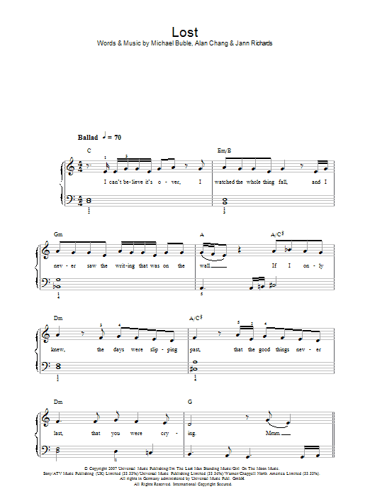 Michael Buble Lost sheet music notes and chords. Download Printable PDF.