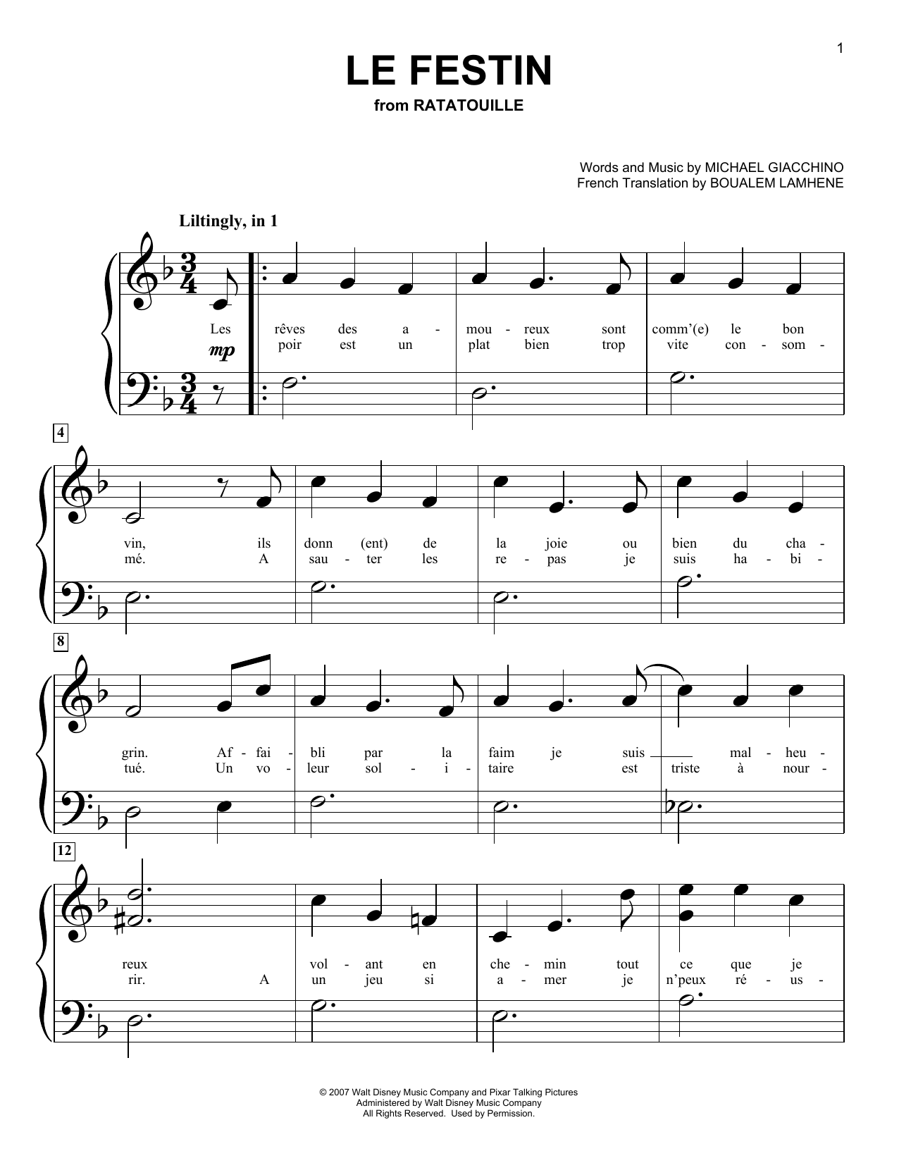 Michael Giacchino Le Festin (from Ratatouille) sheet music notes and chords. Download Printable PDF.