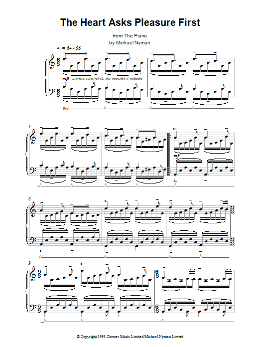 Michael Nyman "The Heart Asks Pleasure First" Sheet Music for Piano