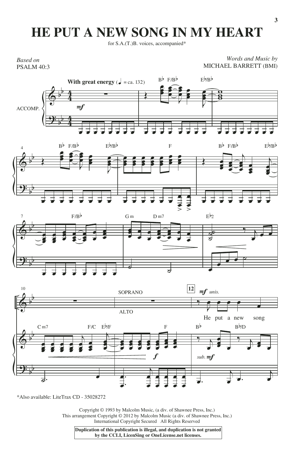 Learn to play Michael Barrett He Put A New Song In My Heart sheet music for SATB Choir in minutes. Price: 3.9900$ Michael Barrett He Put A New Song In My Heart sheet music notes and chords arranged for SATB Choir