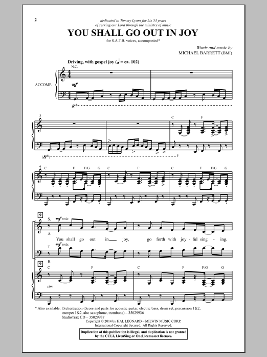 Learn to play Michael Barrett You Shall Go Out In Joy sheet music for SATB Choir in minutes. Price: 3.9900$ Michael Barrett You Shall Go Out In Joy sheet music notes and chords arranged for SATB Choir