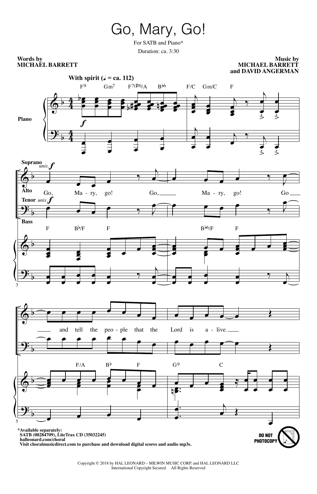 Learn to play Michael Barrett & David Angerman Go, Mary, Go! sheet music for SATB Choir in minutes. Price: 3.9900$ Michael Barrett & David Angerman Go, Mary, Go! sheet music notes and chords arranged for SATB Choir