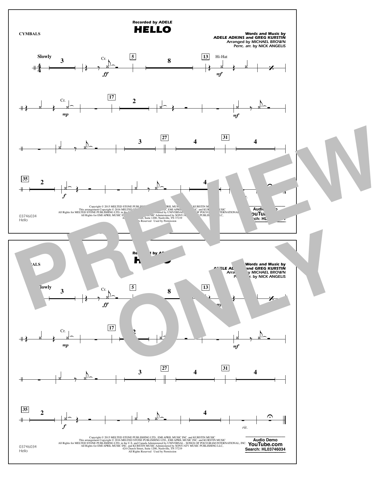 Michael Brown Hello - Cymbals sheet music notes and chords. Download Printable PDF.