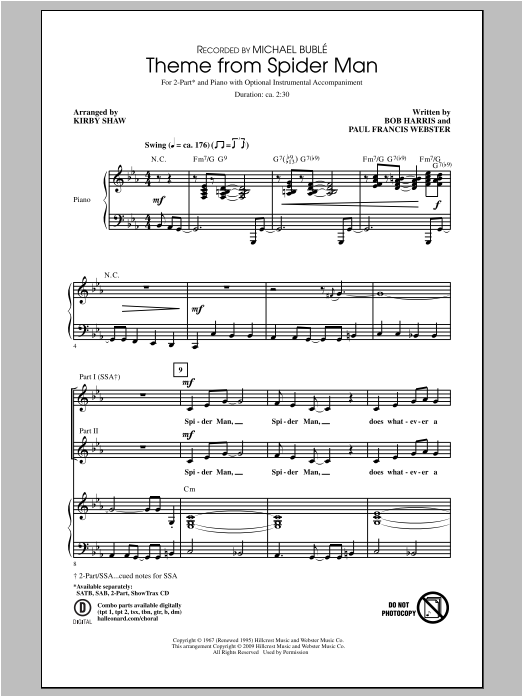 Learn to play Michael Bublé Theme From Spider-Man (arr. Kirby Shaw) sheet music for TBB Choir in minutes. Michael Bublé Theme From Spider-Man (arr. Kirby Shaw) sheet music notes and chords. Download Printable PDF.