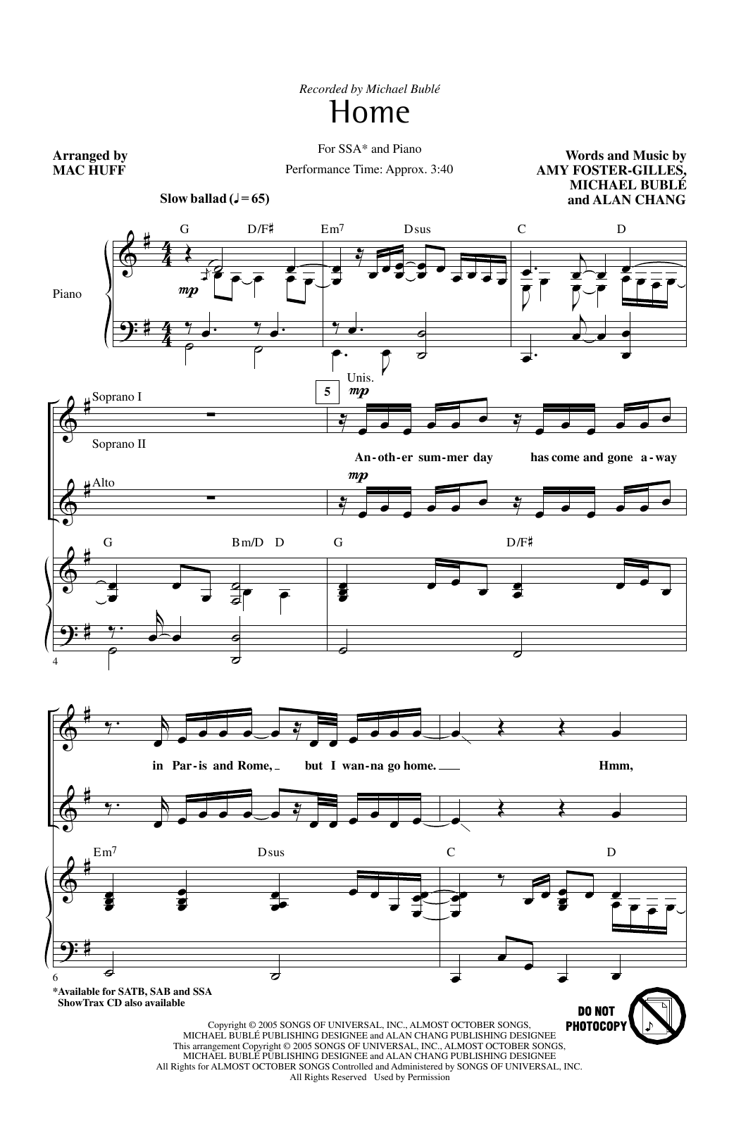 Learn to play Michael Buble Home (arr. Mac Huff) sheet music for SSA Choir in minutes. Price: 3.9900$ Michael Buble Home (arr. Mac Huff) sheet music notes and chords arranged for SSA Choir