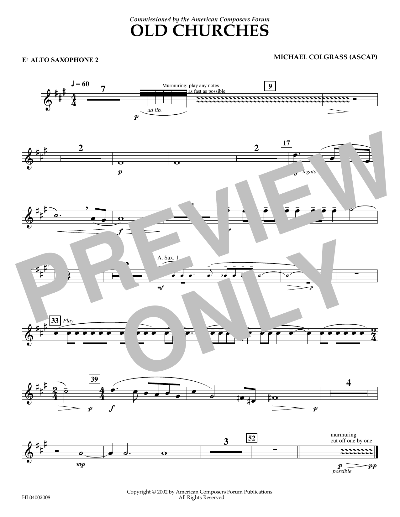 Learn to play Michael Colgrass Old Churches - Eb Alto Saxophone 2 sheet music for Concert Band in minutes. Price: 5.9900$ Michael Colgrass Old Churches - Eb Alto Saxophone 2 sheet music notes and chords arranged for Concert Band