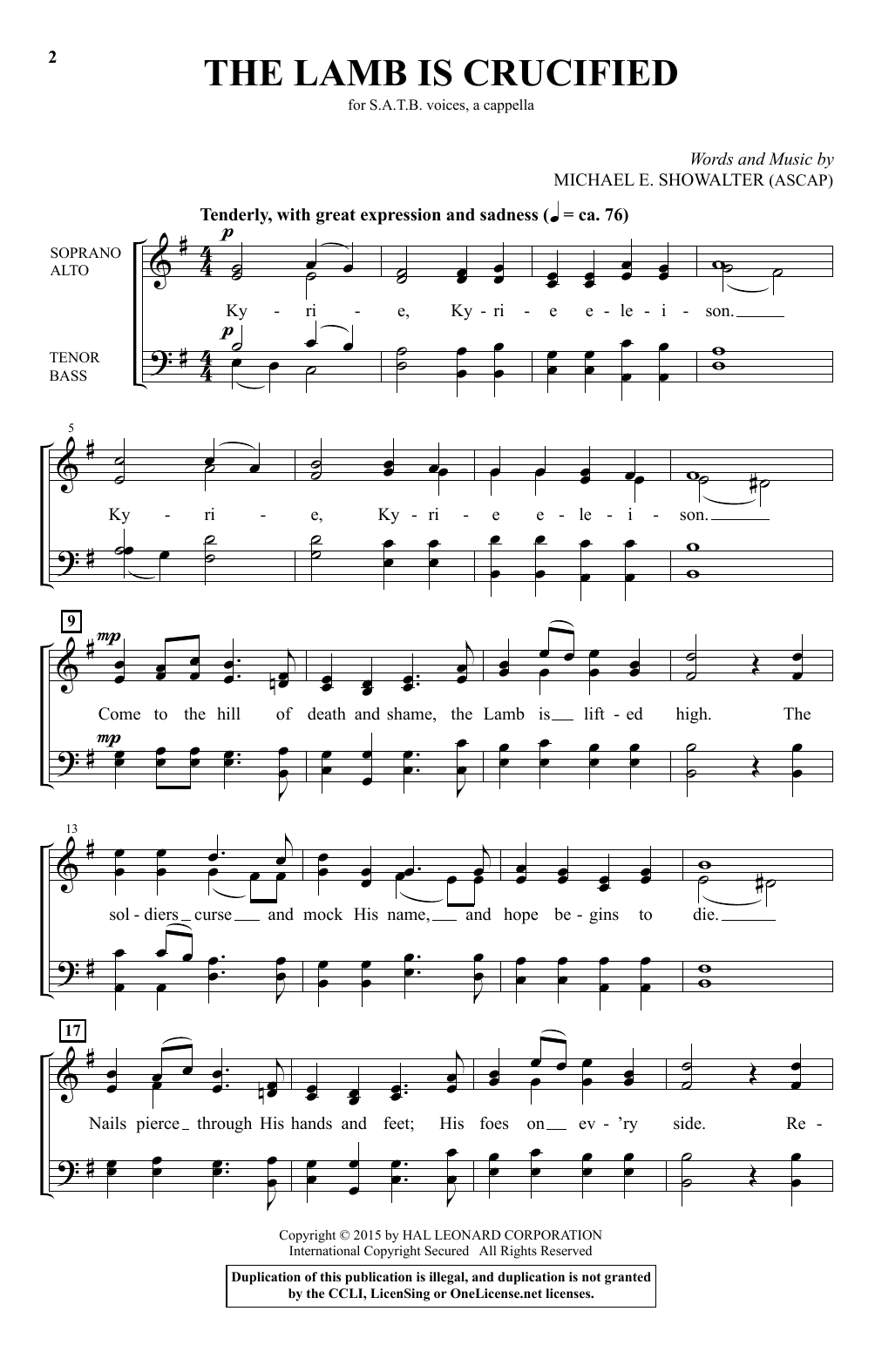 Learn to play Michael E. Showalter The Lamb Is Crucified sheet music for SATB Choir in minutes. Price: 3.9900$ Michael E. Showalter The Lamb Is Crucified sheet music notes and chords arranged for SATB Choir