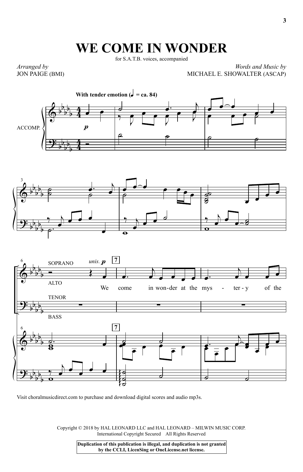 Learn to play Michael E. Showalter We Come In Wonder (arr. Jon Paige) sheet music for SATB Choir in minutes. Price: 3.9900$ Michael E. Showalter We Come In Wonder (arr. Jon Paige) sheet music notes and chords arranged for SATB Choir