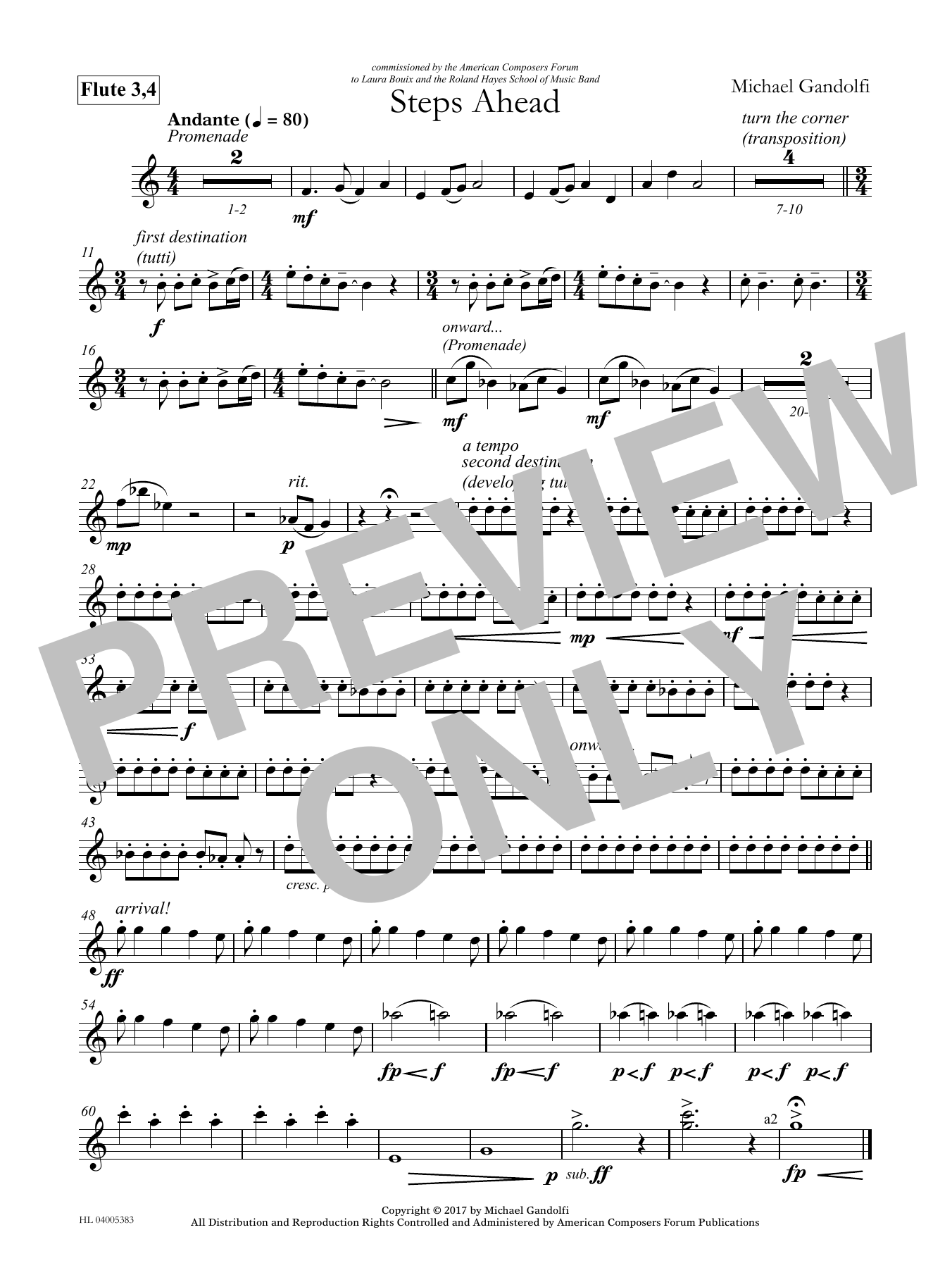 Learn to play Michael Gandolfi Steps Ahead - Flute 3 & 4 sheet music for Concert Band in minutes. Price: 59.9900$ Michael Gandolfi Steps Ahead - Flute 3 & 4 sheet music notes and chords arranged for Concert Band