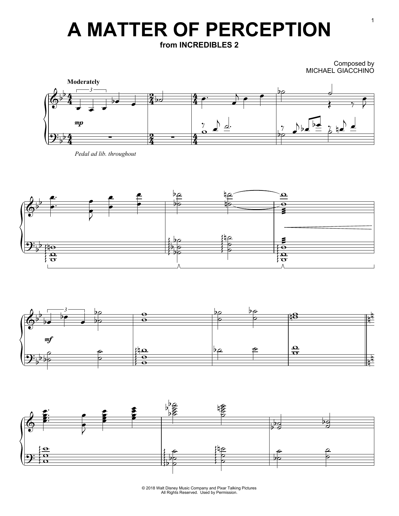 Learn to play Michael Giacchino A Matter Of Perception (from The Incredibles 2) sheet music for Piano Solo in minutes. Price: 6.9900$ Michael Giacchino A Matter Of Perception (from The Incredibles 2) sheet music notes and chords arranged for Piano Solo
