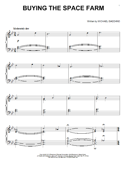 Preview Michael Giacchino Buying The Space Farm Film/TV sheet music, notes and chords for Piano Solo, SKU: 99529 sheet music, piano notes, chords, guitar tabs, score, transpose, transcribe, how to play, guide, download, learn, tutorial, progression, song, artist, awards, billboard, mtv, vh1, tour, single, album, release