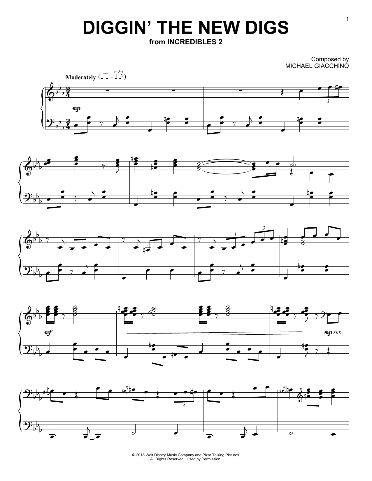 Michael Giacchino Diggin' The New Digs (from The Incredibles 2) sheet music notes and chords arranged for Piano Solo