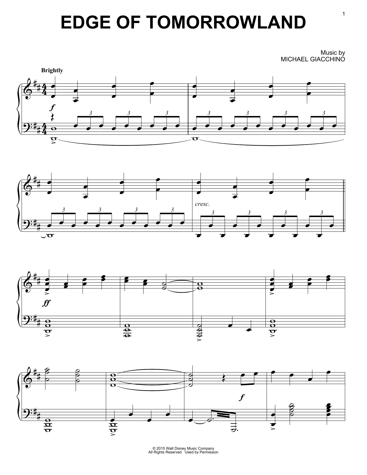 Learn to play Michael Giacchino Edge Of Tomorrowland sheet music for Piano Solo in minutes. Michael Giacchino Edge Of Tomorrowland sheet music notes and chords. Download Printable PDF.