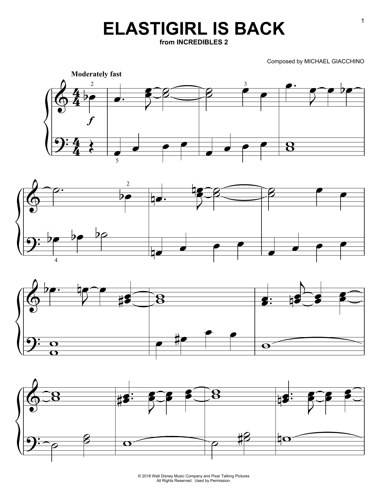 Learn to play Michael Giacchino Elastigirl Is Back (from Incredibles) sheet music for Big Note Piano in minutes. Price: 6.9900$ Michael Giacchino Elastigirl Is Back (from Incredibles) sheet music notes and chords arranged for Big Note Piano