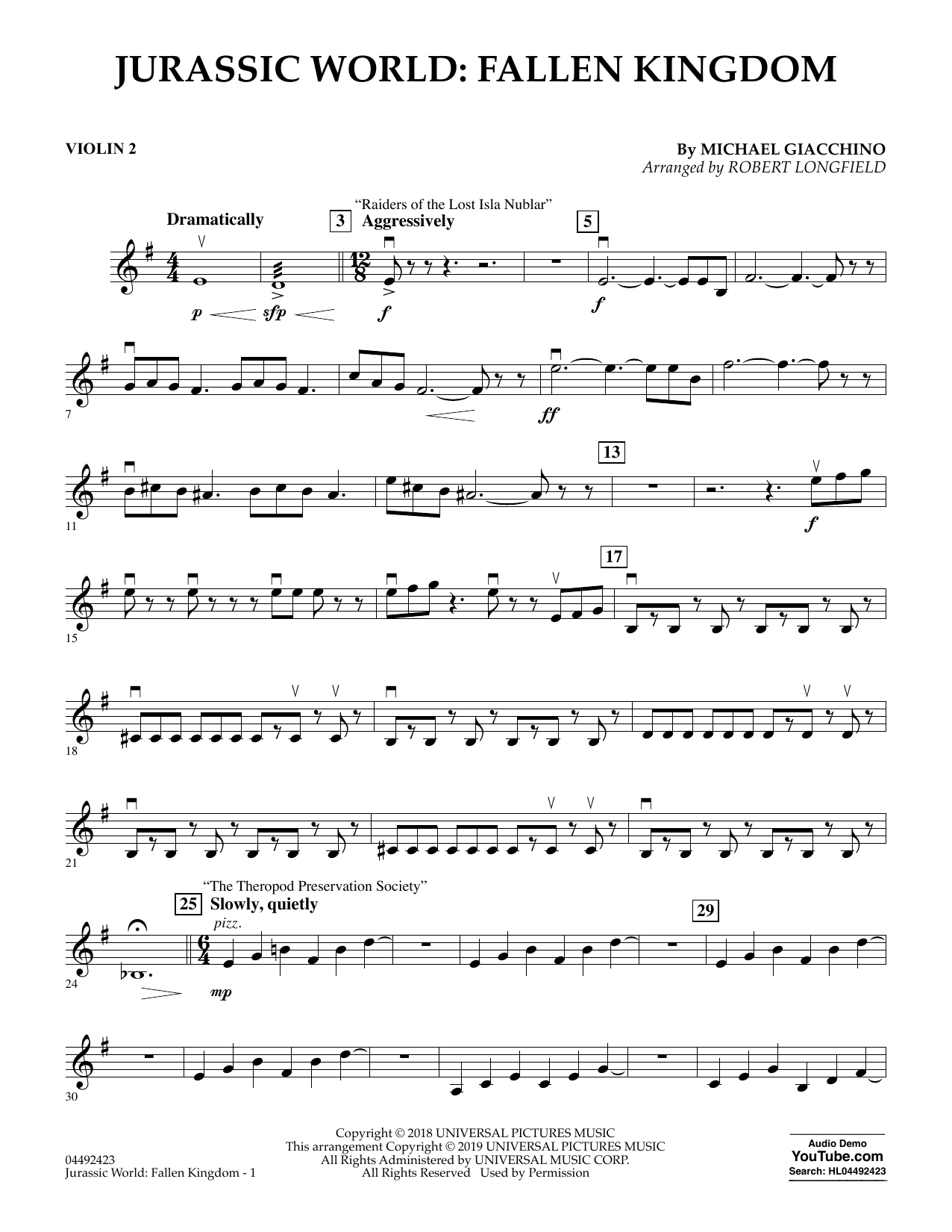 Learn to play Michael Giacchino Jurassic World: Fallen Kingdom (arr. Robert Longfield) - Violin 2 sheet music for Orchestra in minutes. Michael Giacchino Jurassic World: Fallen Kingdom (arr. Robert Longfield) - Violin 2 sheet music notes and chords. Download Printable PDF.