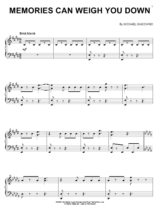 Learn to play Michael Giacchino Memories Can Weigh You Down sheet music for Easy Piano in minutes. Price: 6.9900$ Michael Giacchino Memories Can Weigh You Down sheet music notes and chords arranged for Easy Piano