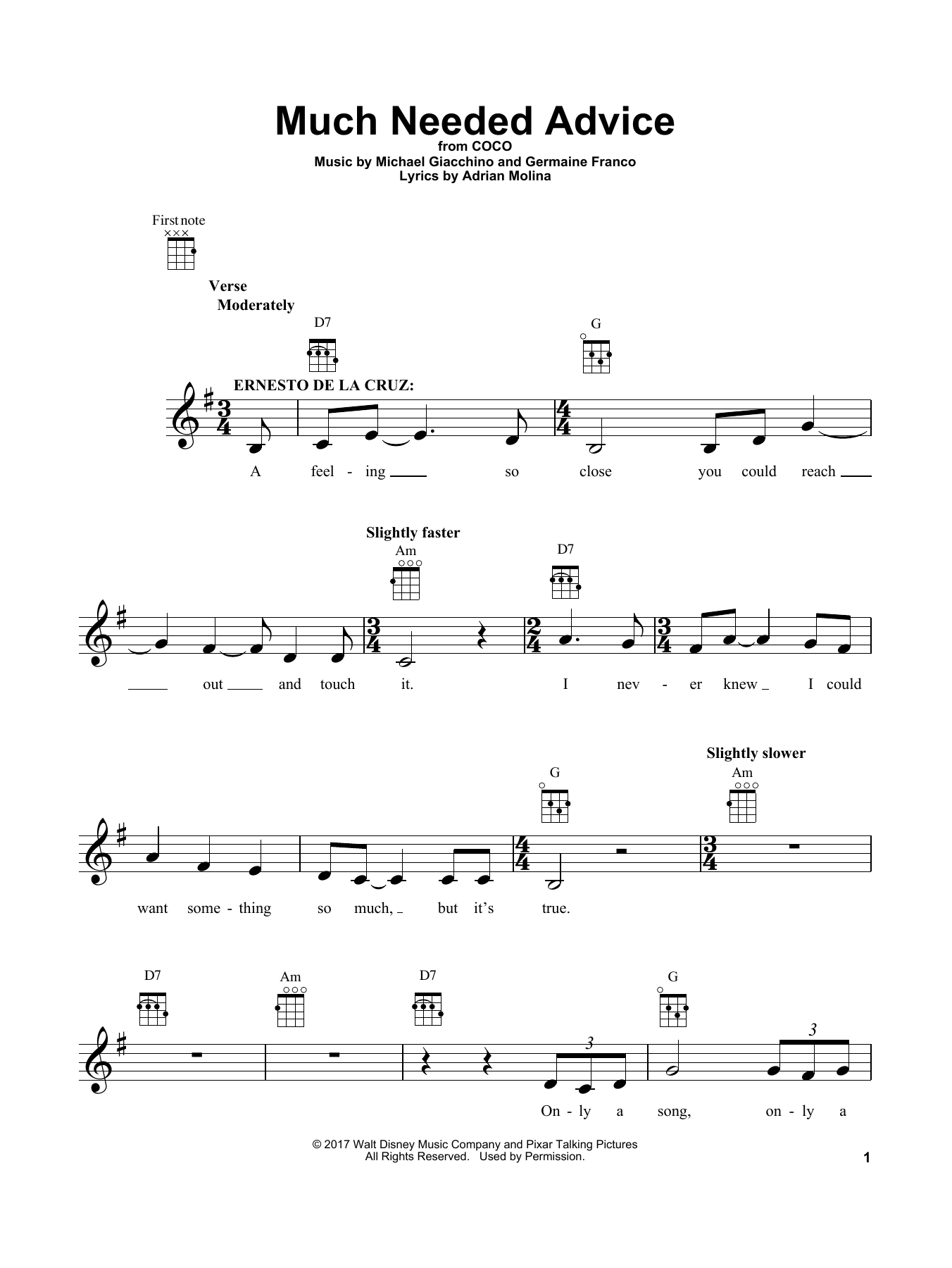 Learn to play Michael Giacchino Much Needed Advice (from Coco) sheet music for Piano, Vocal & Guitar Chords (Right-Hand Melody) in minutes. Price: 7.8900$ Michael Giacchino Much Needed Advice (from Coco) sheet music notes and chords arranged for Piano, Vocal & Guitar Chords (Right-Hand Melody)