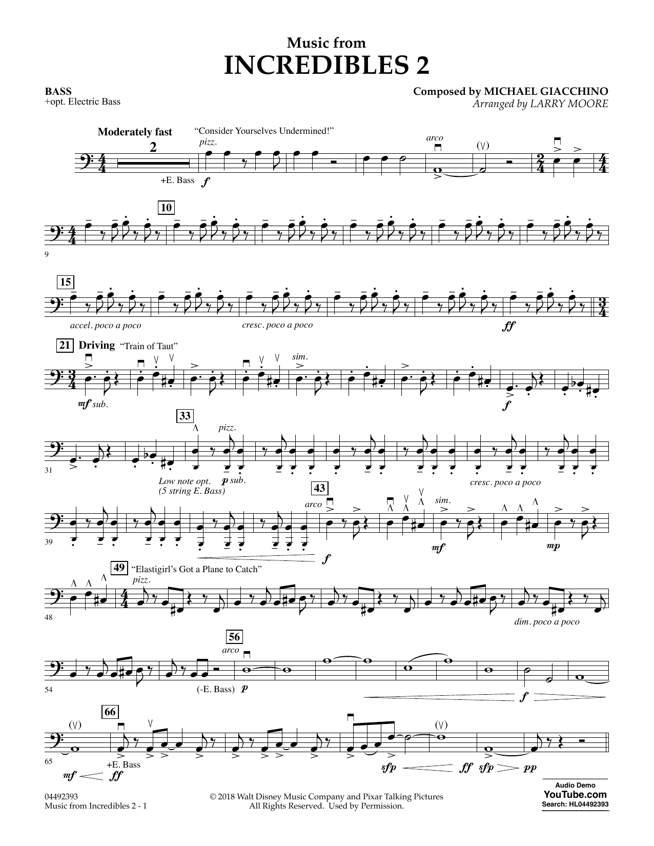 Learn to play Michael Giacchino Music from Incredibles 2 (arr. Larry Moore) - Bass sheet music for Orchestra in minutes. Michael Giacchino Music from Incredibles 2 (arr. Larry Moore) - Bass sheet music notes and chords. Download Printable PDF.