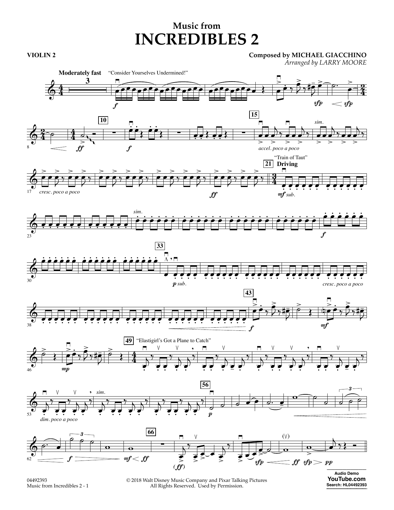 Learn to play Michael Giacchino Music from Incredibles 2 (arr. Larry Moore) - Violin 2 sheet music for Orchestra in minutes. Michael Giacchino Music from Incredibles 2 (arr. Larry Moore) - Violin 2 sheet music notes and chords. Download Printable PDF.