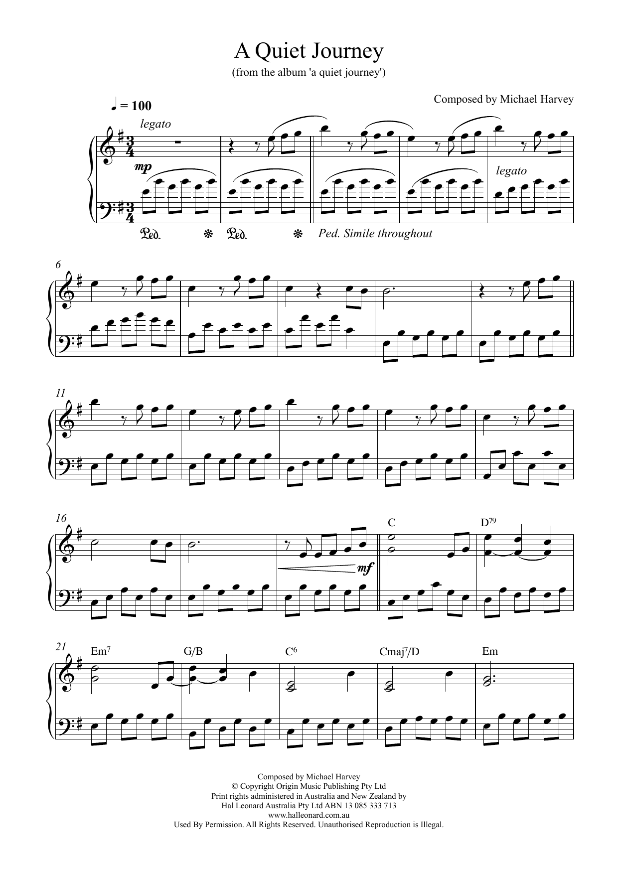 Michael Harvey A Quiet Journey sheet music notes and chords. Download Printable PDF.