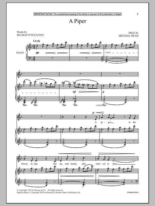 Michael Head A Piper sheet music notes and chords. Download Printable PDF.