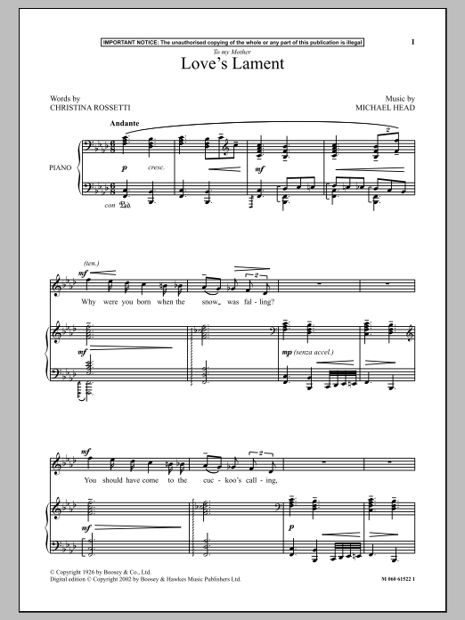 Michael Head Love's Lament sheet music notes and chords. Download Printable PDF.