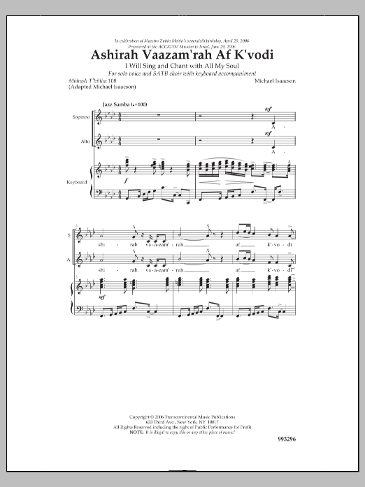 Learn to play Michael Isaacson Ashira Va'azamrah Af K'vodi sheet music for SATB Choir in minutes. Price: 3.9900$ Michael Isaacson Ashira Va'azamrah Af K'vodi sheet music notes and chords arranged for SATB Choir
