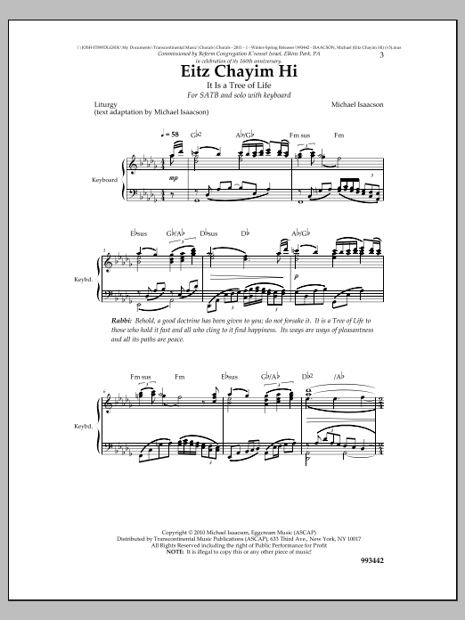 Michael Isaacson Eitz Chayim Hi sheet music notes and chords. Download Printable PDF.