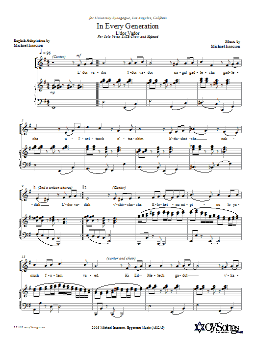 Learn to play Michael Isaacson In Every Generation (L'dor Vador) sheet music for SATB Choir in minutes. Price: 3.9900$ Michael Isaacson In Every Generation (L'dor Vador) sheet music notes and chords arranged for SATB Choir